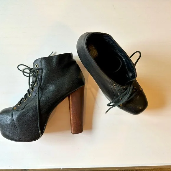 Jeffrey Campbell Black Leather Lace-Up Platform Ankle Boots with Wood Block Heel - Picture 7 of 12